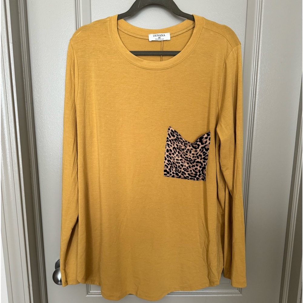 Mustard Yellow Cheetah Pocket Basic Top